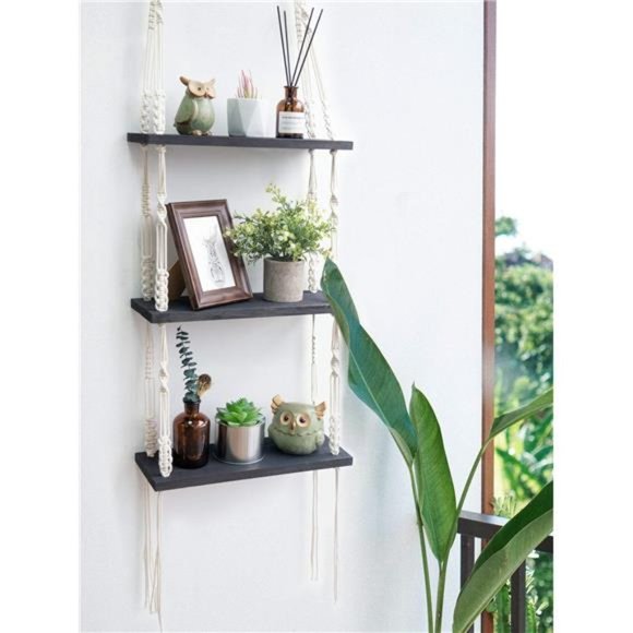 Macrame Shelf Hanging Shelves, Wooden Wall Shelf with Woven Rope, Black Shelves - Picture 5 of 6